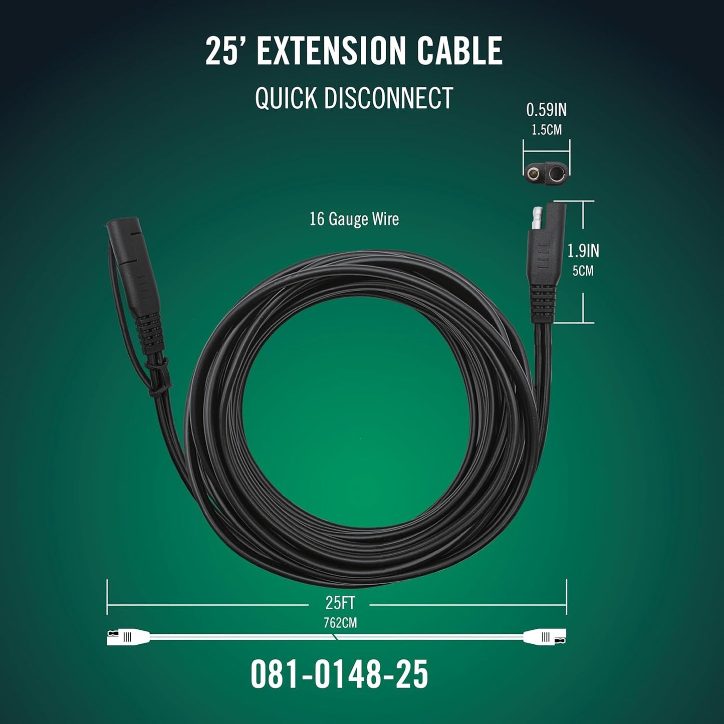 Battery Tender 25 Foot Extension SAE Cable 4 Pack - Designed for Use with Battery Tender Chargers - Quick Connect Plugs for Easy Connection to Motorcycle, Cars, ATVs and More - 081-0148-25-BG4