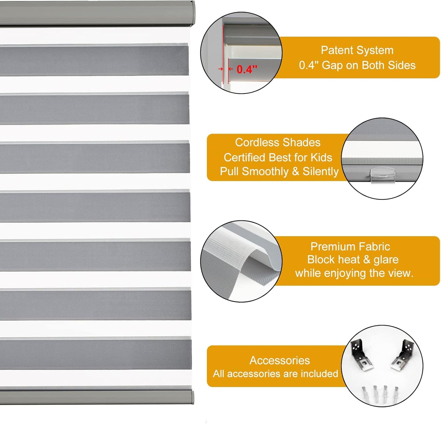 Persilux Cordless Zebra Blinds for Windows Sheer Shades for Day and Night Thermal Insulated Window Shades for Home, 58" W x 47" H, Grey