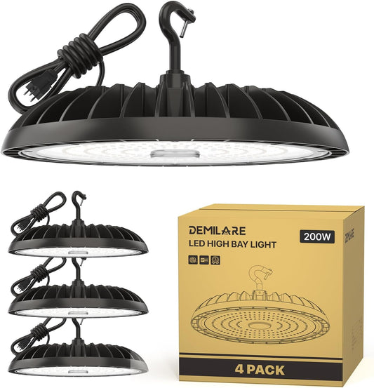 200W 4 Pack LED High Bay Light 30000 lm, 5000K UFO High Bay Led Shop Lights ETL Listed US Hook 5' Cable Plug, 800W MH/HPS Eqv. Commercial Lighting for Workshop, Garage, Warehouse 100-277V