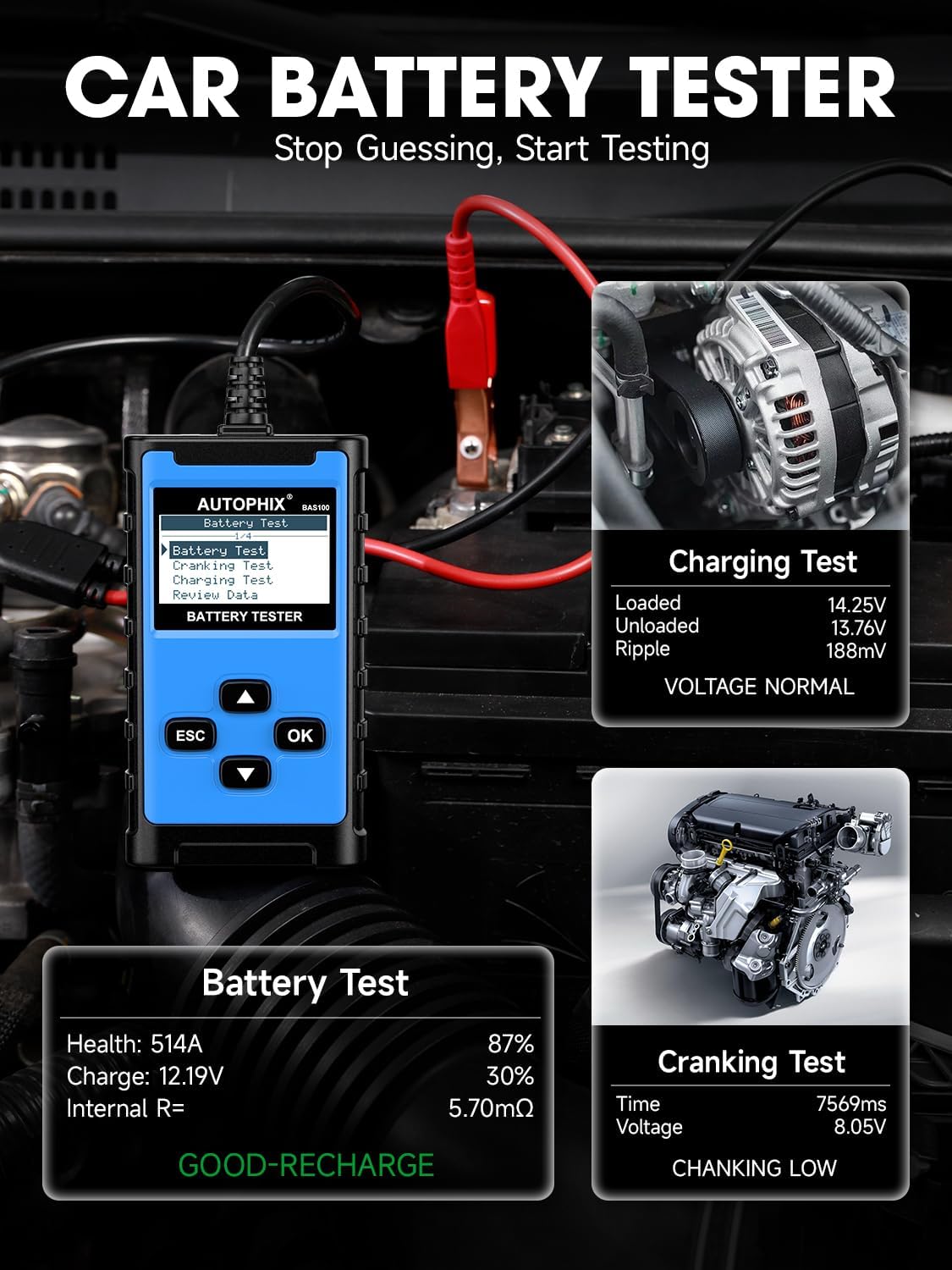 AUTOPHIX BAS100 Car Battery Tester, 12V 24V Load Tester, 100-2000 CCA Digital Automotive Alternator Tester, Auto Battery Analyzer Charging Cranking System Tester for Car Truck Motorcycle Boat and More