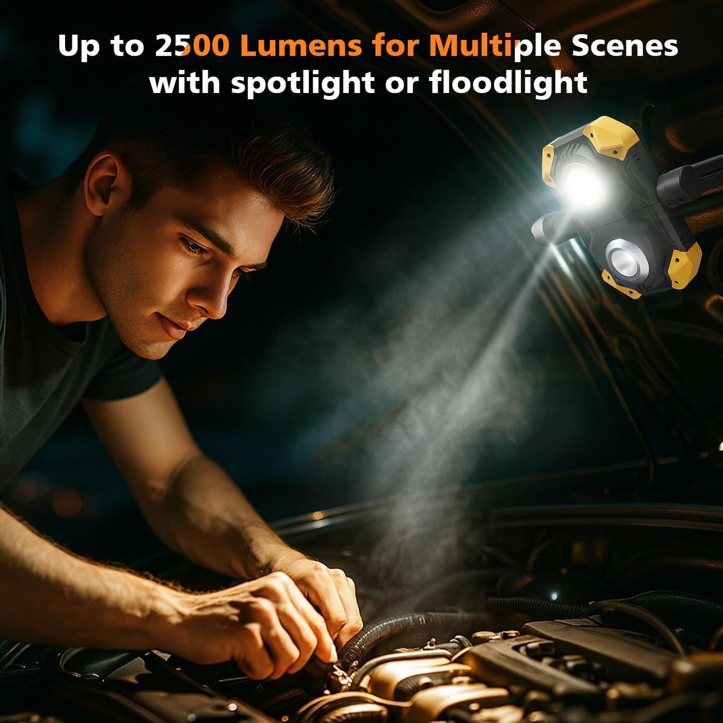 Samyoung 2 Pack Magnetic 2500 LM LED Work Light, 10 Hours Long Lasting 360°Rotating 7000K Warm Rechargeable Work Light Folding Waterproof for Job Site Car Inspection Camping Emergency