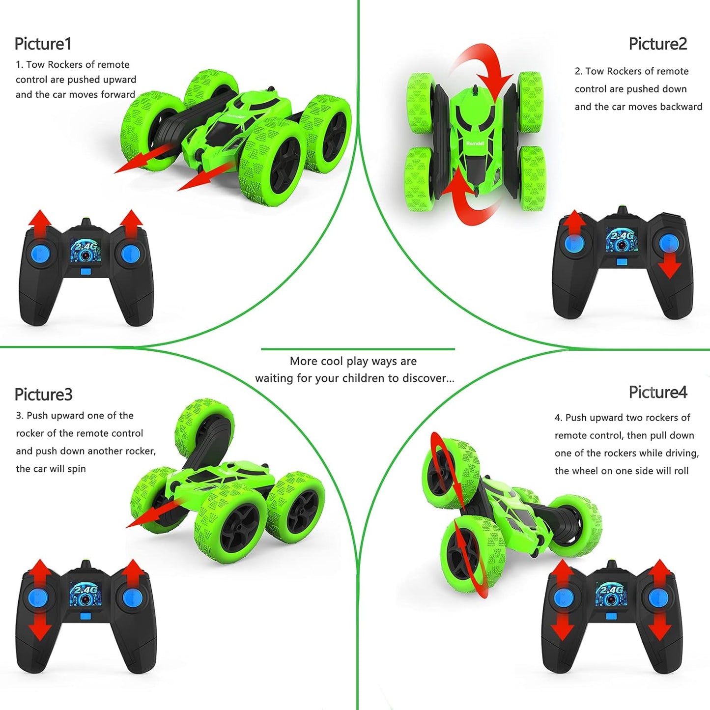 Remote Control Car, Double Sided 360°Rotating 4WD RC Cars with Headlights 2.4GHz Electric Race Stunt Toy Car Rechargeable Toy Cars for Boys Girls Birthday (Green)