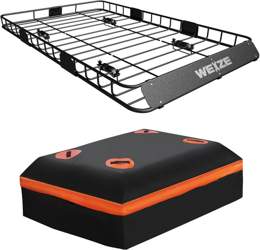 WEIZE 54" x 34" Heavy Duty Roof Rack, Rooftop Cargo Carrier Basket with Waterproof Bag, Tie Down Strap, Net, Rack Extension and Car Top Luggage Holder for SUV, 200lb Capacity, Steel Construction