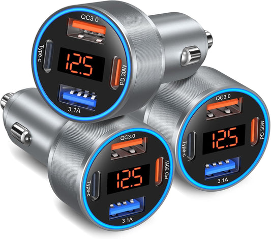 USB C Car Charger with Voltage Display, 3 Pack 65W Super Fast Charging Car Phone Charger Dual USB-A & USBC Cargador Carro Cigarette Lighter Adapter Volt Meter for iPhone,Samsung,Tablet,Android-Gray