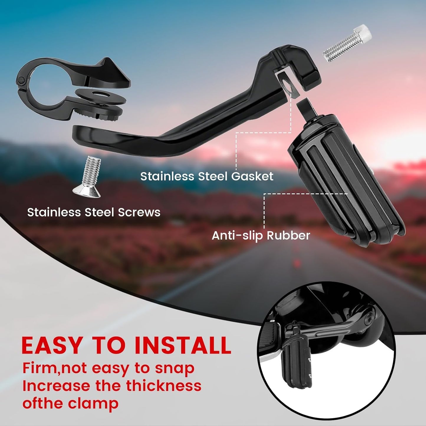 1.25" Highway Pegs, Long Angled Pegs Adjustable for Harley Davidson Touring Road King Road Glide Street Glide Electra Glide Sportster 1 1/4" Engine Guard, Black