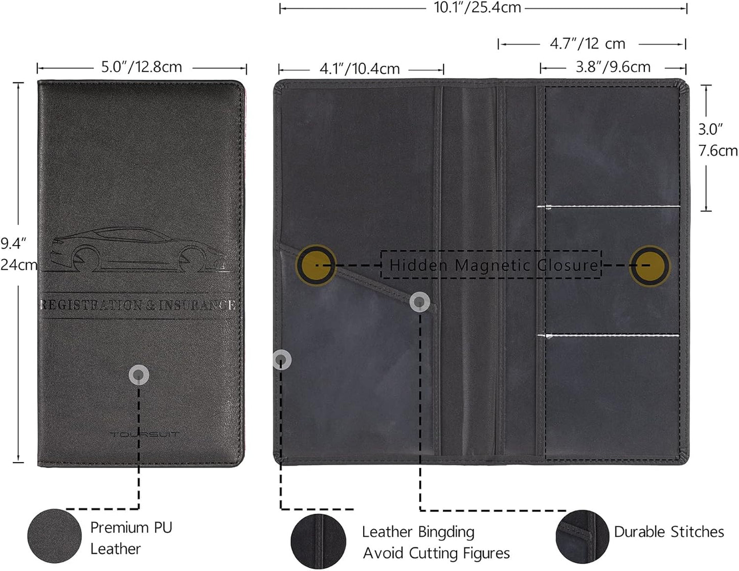 TOURSUIT Car Registration and Insurance Card Holder, Vehicle License Document Glove Box Compartment Organizer, Interior Car Accessories for Women Men Teens (Black)