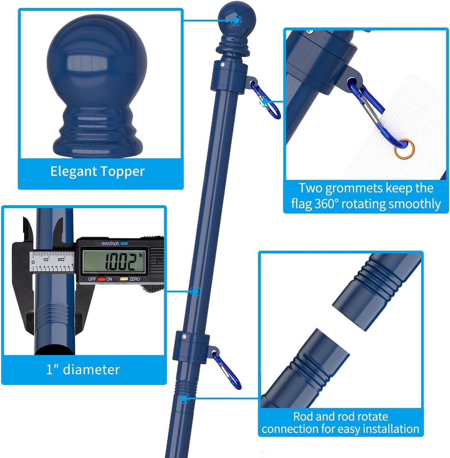 ZMTECH Flag Pole - Upgraded Bracket, 6 FT Stainless Steel Flag Poles for Outside House, Residential or Commerical, Tangle Free Flag Pole Kit for American Flag (without Flag, Blue)