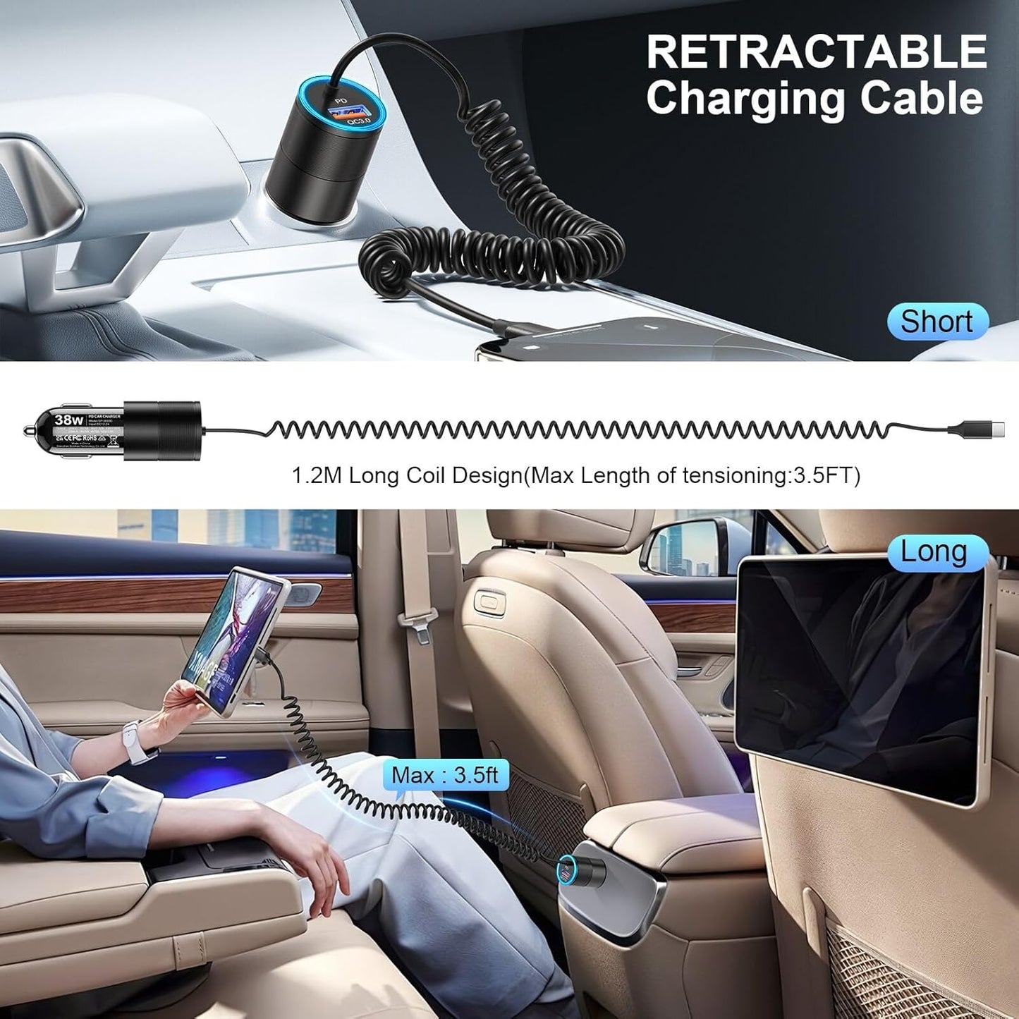 3-Pack USB C Car Charger,38W Fast Charging Car Phone Charger+3.5FT Type C Coiled Cable,PD&QC 3.0 Car Charger Adapter Compatible with iPhone 16/15 Plus/Pro/Max,Galaxy S24 S23 Ultra,iPad,LG