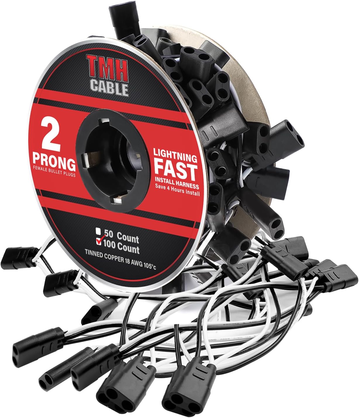 TMH 100 Count 2-Prong Wire Harness Roll Double Female Bullet Plug 18 Gauge - 6.5" Spacing for LED Marker Clearance Lights Hassle-Free Installation