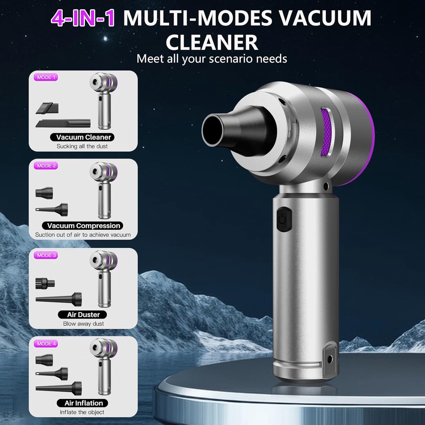 Car Vacuum,4-in-1 Mini Cordless Vacuum Cleaner with 3 Suction Modes&23000pa Suction,Portable Handheld Vacuum with LED Light,Multi-Nozzles&Brushless Motor&Air Dusters,TypeC for Car/Home/Pet/Office