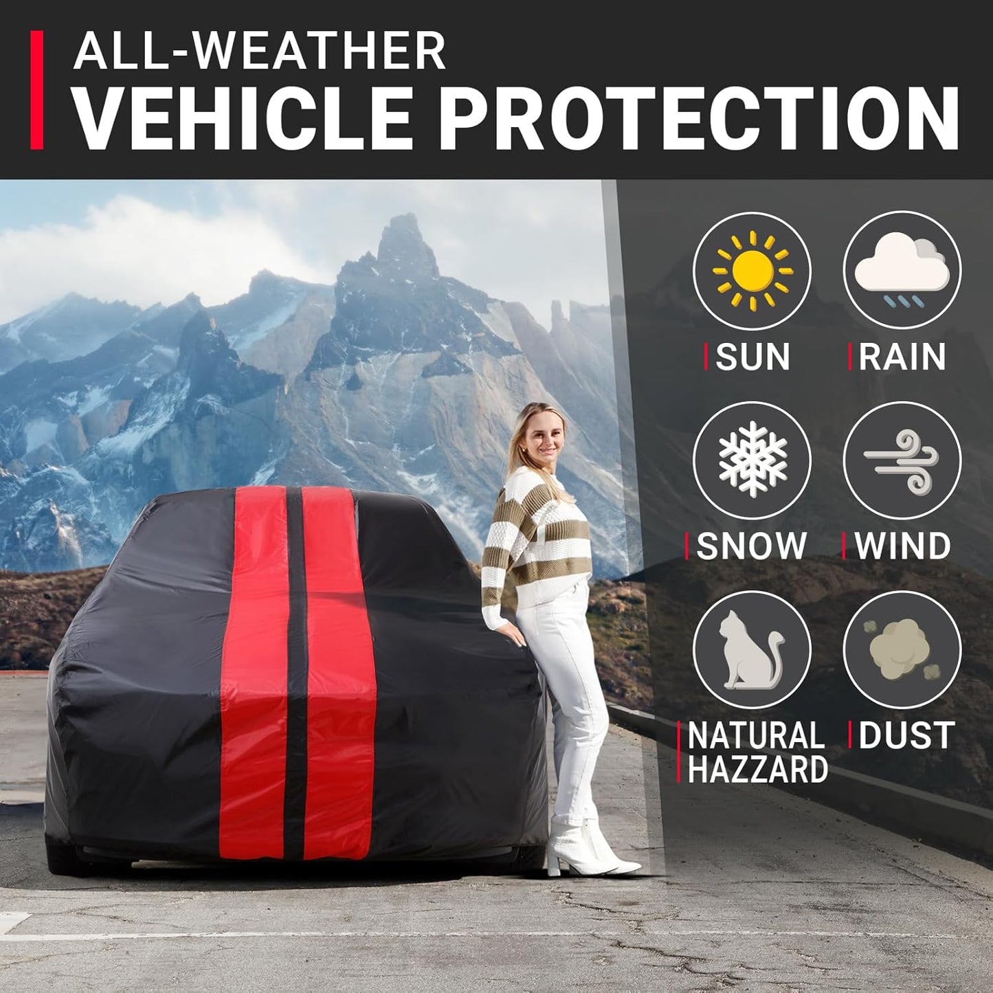 iCarCover Custom Car Cover for Pontiac Lemans 4-Door (1973-1977) Waterproof All-Weather Rain Snow UV Sun Protector Full Exterior Indoor Outdoor Car Cover (Stripe - Black/Red)