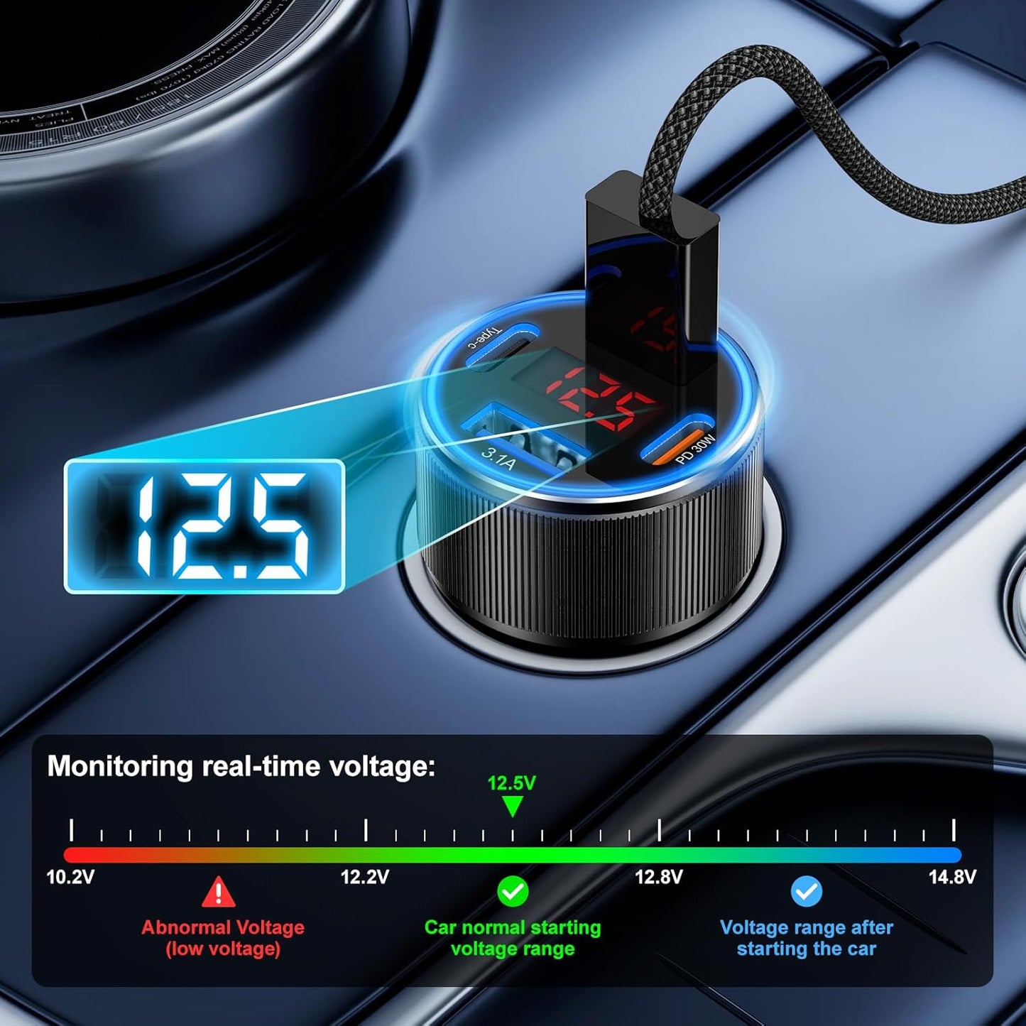 Car Charger USB C, Besgoods 4 Ports Cigarette Lighter USB Charger USB C Car Adapter PD/QC Fast Charging with Voltmeter for iPhone 16 15 14 13 12 Galaxy S24 S23 A54 A15 Android Dash Cam, 2Pack