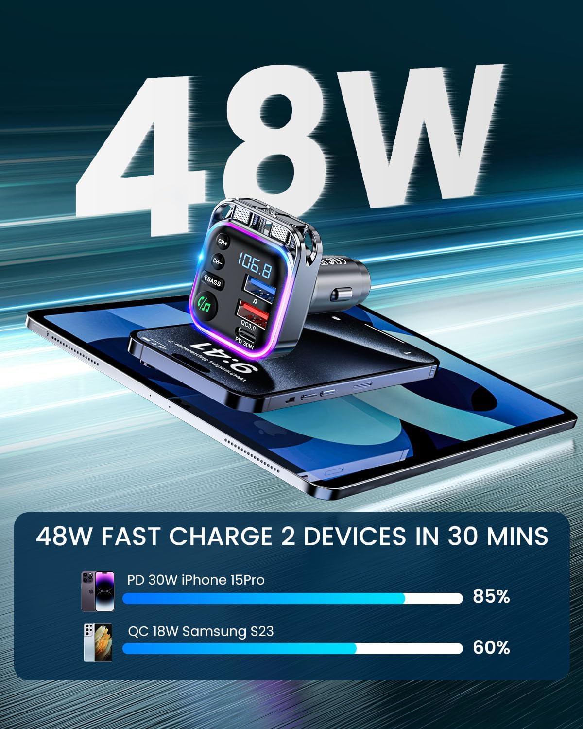 LENCENT Bluetooth 5.3 FM Transmitter Car Adapter 48W (PD30W & QC18W) Fast Charger, Light Switch, HiFi Bass Sound Audio Receiver Wireless Radio MP3 Music Player, Hands-Free Calling, Support USB Drive