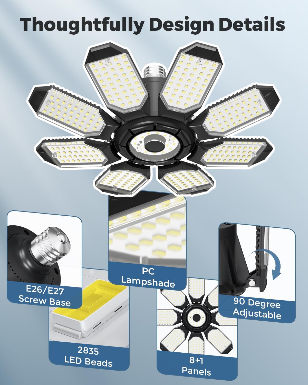 Adiding LED Garage Ceiling Lights 2 Pack w/ 8+1 Adjustable Panel, Super Bright 28000LM Deformable Basement Light Bulb Fixture Screw in E26 Socket Base for Indoor Workshop Attic Gym Bay Laundry Utility