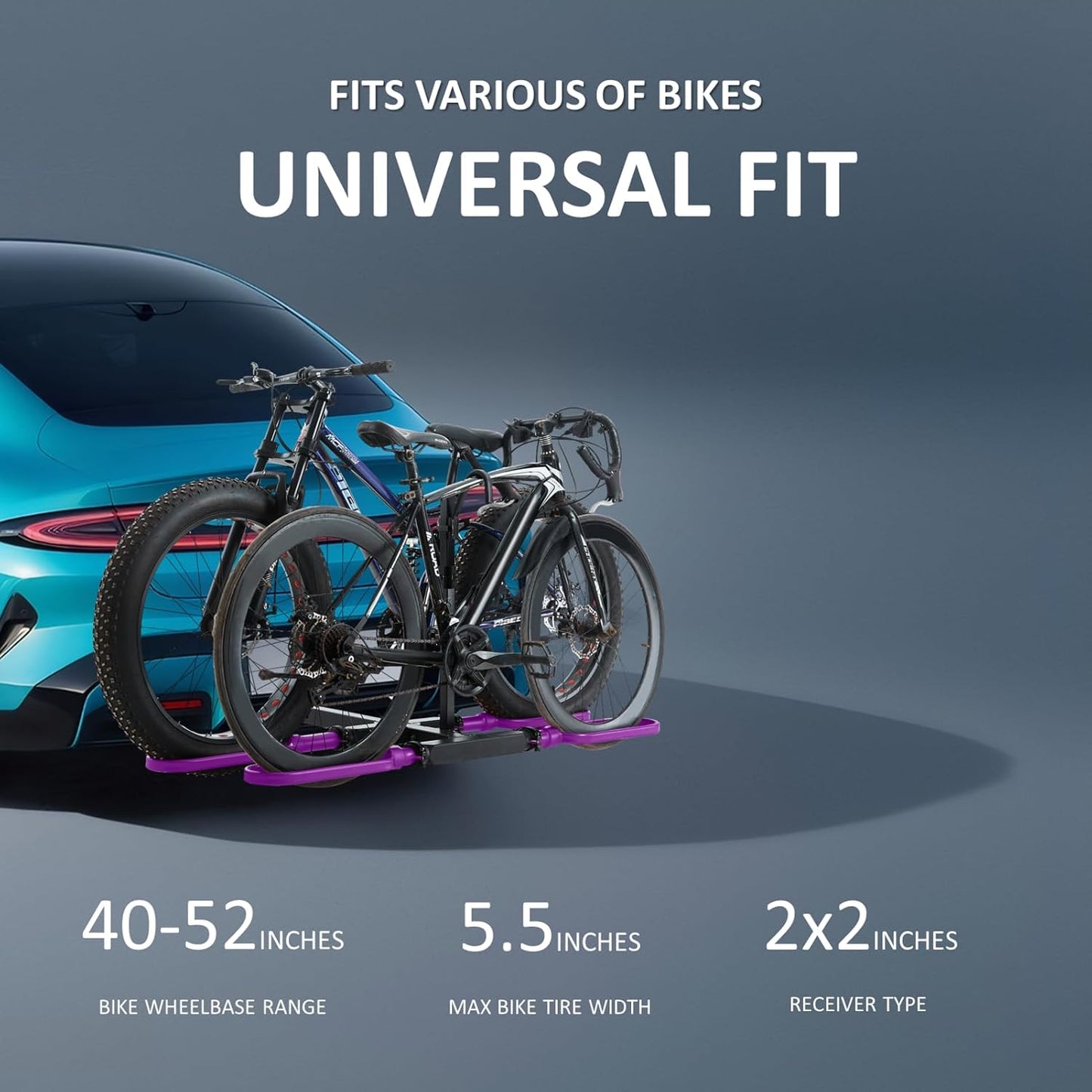 Ebike Rack for Tow Hitch, Ebike Carrier Hitch Mount 2 Bike, Electric Bike Rack for Car Hitch with 2-Inch Receiver (2 Bike - 200 Lbs Cap - Purple)