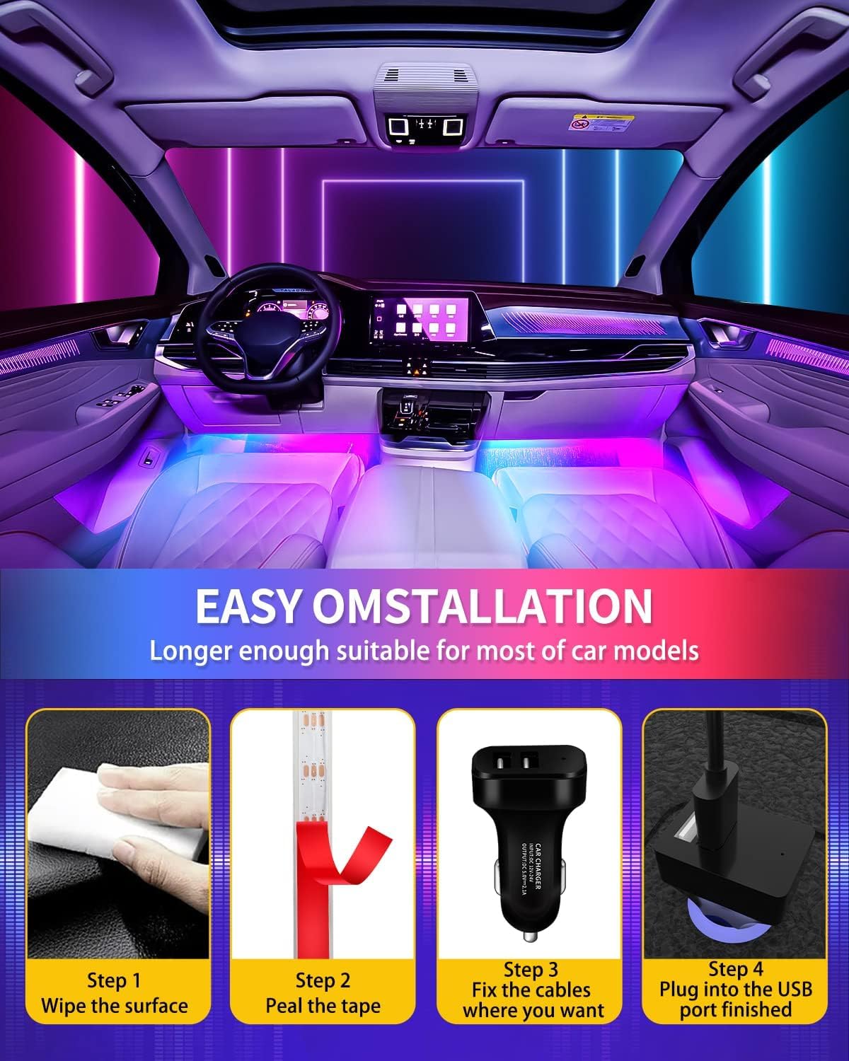 YM E-Bright RGB Car Led Strip Lights with App Control Remote Smart Interior Neon Under Dash Footwell with Car Charger USB Powered DIY Mode Music Sync Multicolor Change 2 Lines Design