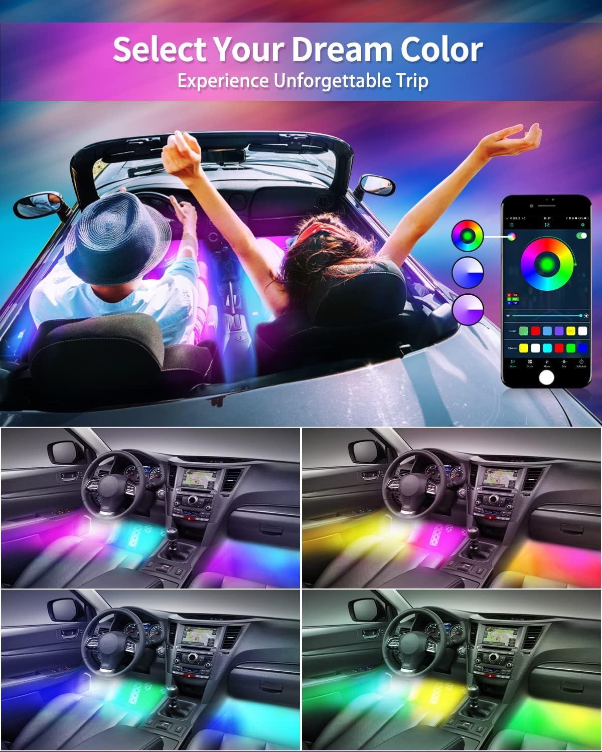 YM E-Bright RGB Car Led Strip Lights with App Control Remote Smart Interior Neon Under Dash Footwell with Car Charger USB Powered DIY Mode Music Sync Multicolor Change 2 Lines Design