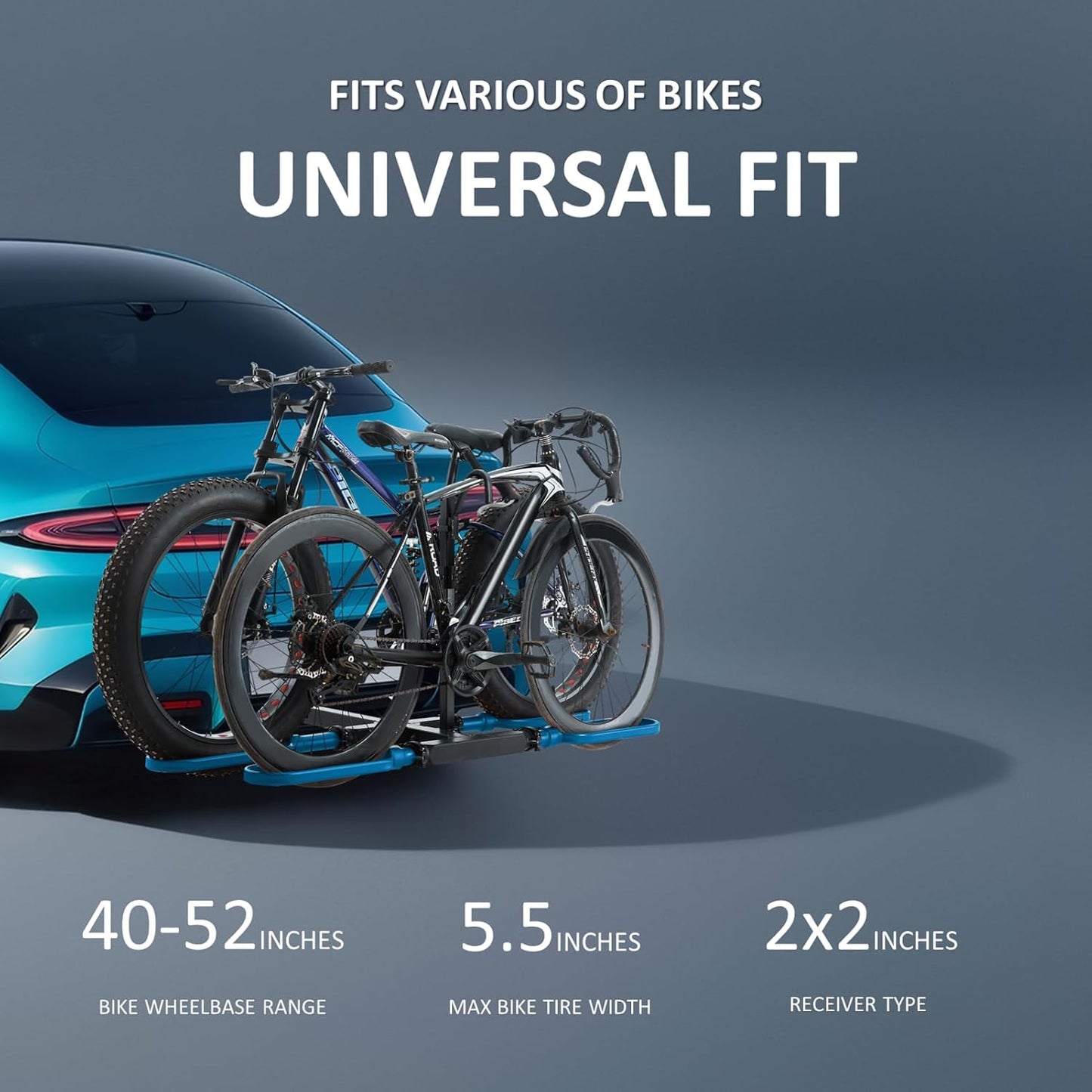 Trailer Hitch Bike Rack for Car 2 Bikes, E Bike Carrier Hitch Mount 2 Bike, Fat-Tire Ebike Rack for Tow Hitch, Fits 2" Receiver for SUV Truck Rv Van (2 Bike - 200 Lbs Cap - Blue)