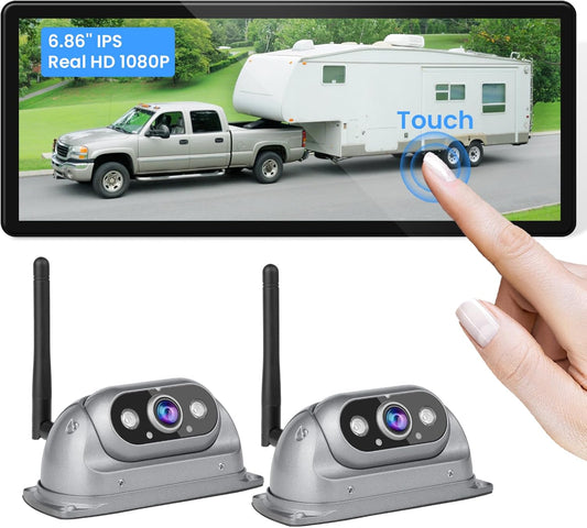 Vehicle Wireless Backup Camera with High Performance 6.86 Inch Touch Monitor 1080P 2 Rear View Cameras with IR Night Vision 4 Channels IP69K Waterproof Reverse Camera for Truck Trailer Camper Tractor