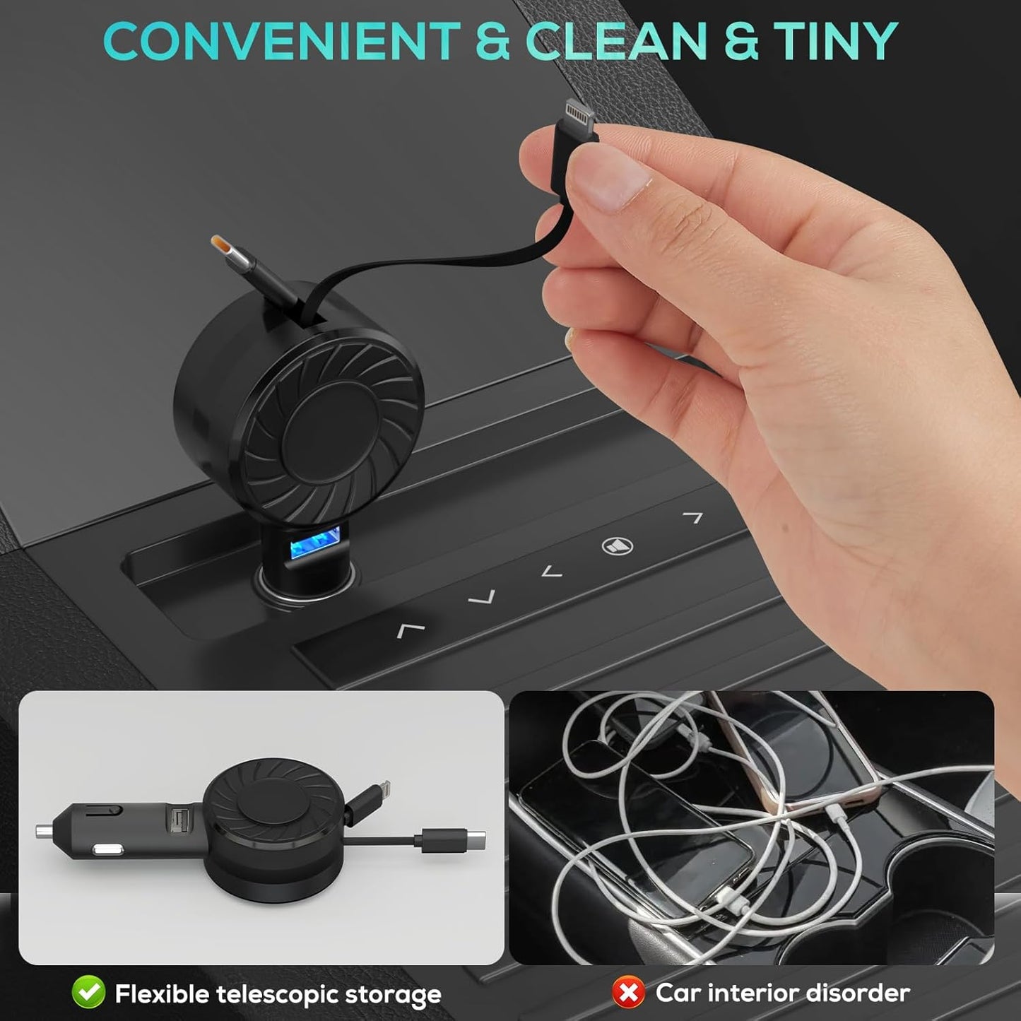 Retractable Car Charger (2Pack), 3 in 1 Fast Charging Phone Charge 50W, Mini Car Adapter with 2 Cables+1 Port Cigarette Lighter USB C Charger for Apple iPhone 15 Pro/Samsung/Android/Pixle