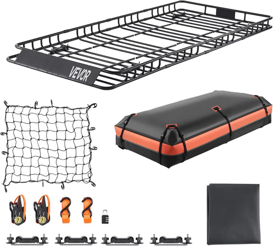 VEVOR Roof Rack Basket, 84 x 39 x 4.1 in, Universal Rooftop Cargo Carrier with 7.9 x 3.9 x 10.2 in Cargo Bag, Net, Ratchet Straps, 250 lbs Max Load Capacity Car Top Luggage Holder, for SUV Truck Car