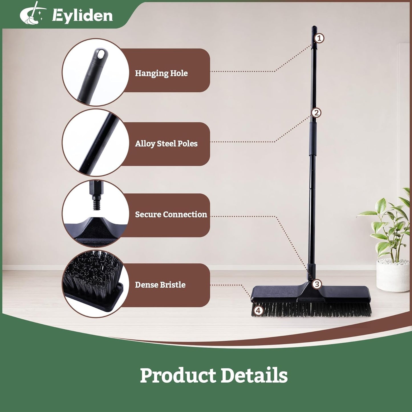 Eyliden Heavy Duty Push Broom 18" - Heavy-Duty, Stiff Bristles, 66" Long Handle - Sweeper Shop Brooms for Garage Concrete Sidewalk Driveway Yard Patio Deck Warehouse Sweeping, Sweep Snow (Black)