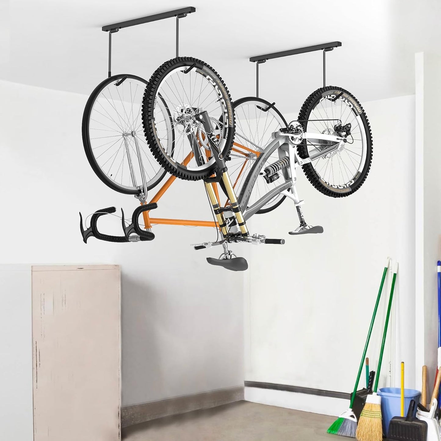 WALMANN Ceiling Mounted Bike Rack for Garage, Space-Saving Ceiling Bike Storage for 2 Bikes(Horizontally)/4 Bikes(Vertically), Adjustable Bike Hooks for Road Mountain Bikes