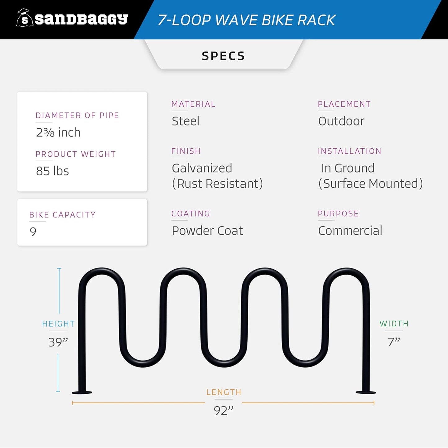Sandbaggy Commercial Bike Racks - Galvanized Steel - Anti-Theft Design - In Ground, Apartments, Sidewalks, Industrial
