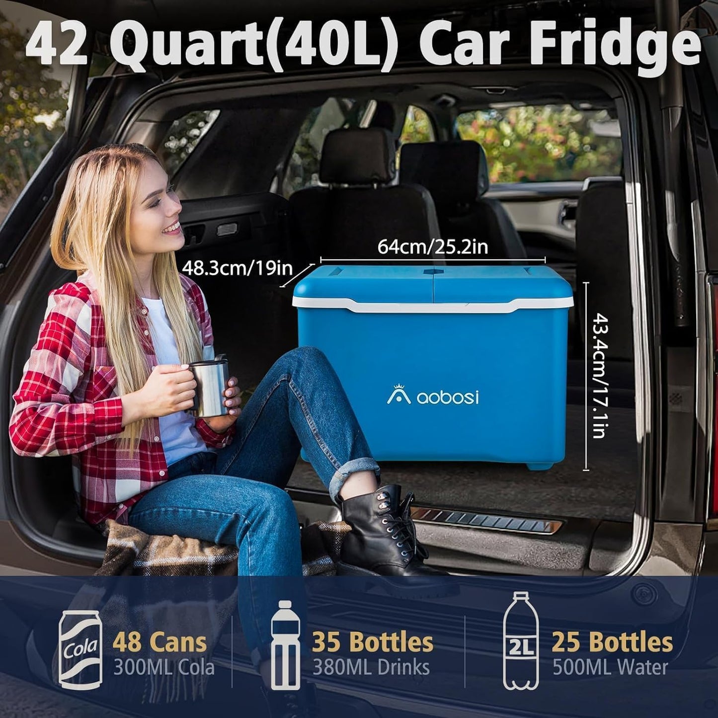 AAOBOSI Car Fridge, 42Quart(40L) Portable 12 Volt Car Refrigerator Cooler with Wheels&Bluetooth Speaker&Handle&Battery Powered, -4℉~68℉ with 12/24V DC,100-240VAC for Camping, Beach,Party,Pool,Travel