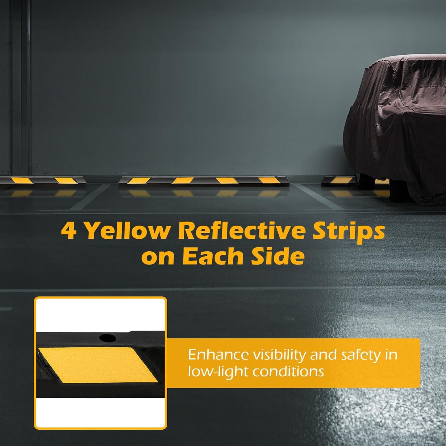 IRONMAX Rubber Parking Curb, 72" Long Car Stopper with Yellow Reflective Stripes, 8800 LBS Weight Capacity Parking Block for Car, Truck, RV, Trailer, Tier Stops for Garage Floor, Driveway (4)