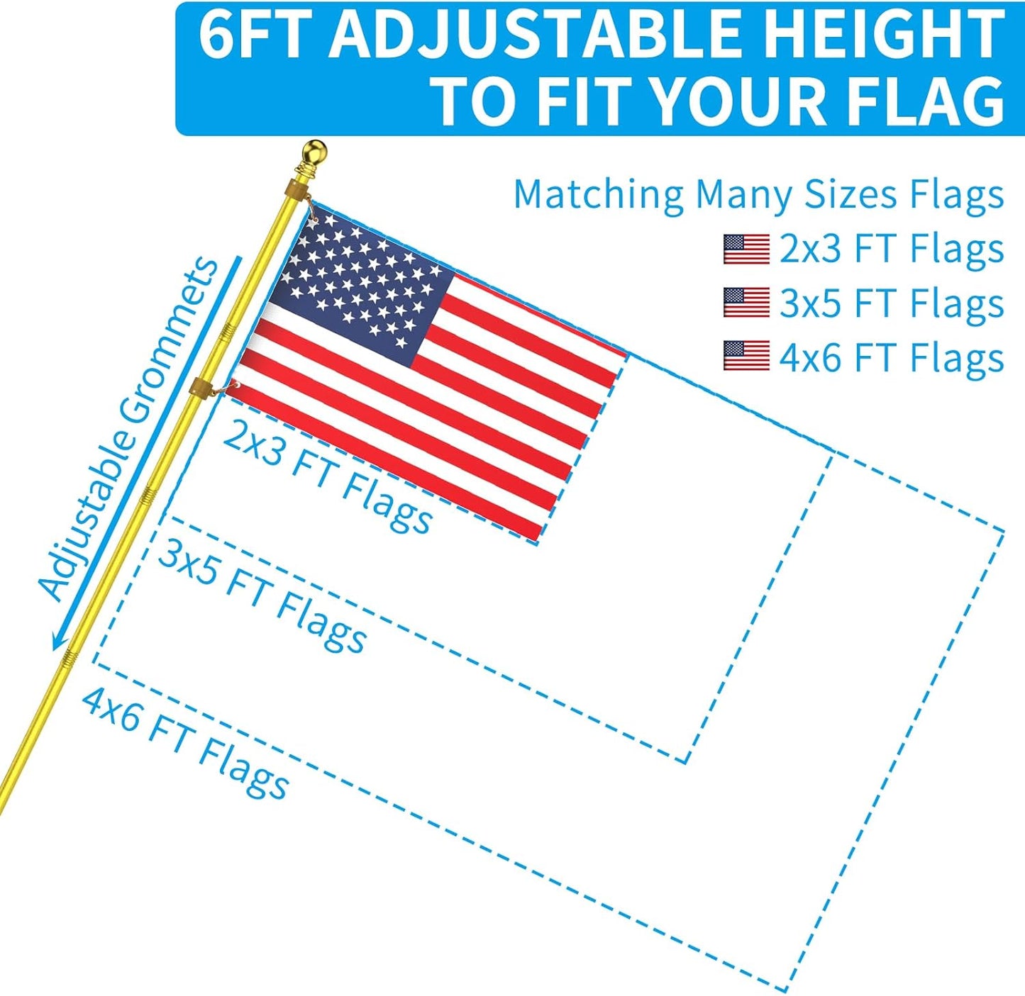 ZMTECH Flag Pole - Upgraded Bracket, (2 Packs) 6 FT Stainless Steel Flag Poles for Outside House, Residential or Commerical, Tangle Free Flag Pole Kit for American Flag (Without Flag, Gold)