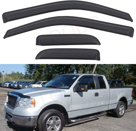 Set of 4 Front+Rear Smoke Sun Rain Guard Outside Mount Tape-On Acrylic Window Visors Compatible with 04-14 F-150 Super/Extended Cab with Half Size Suicide Back Doors