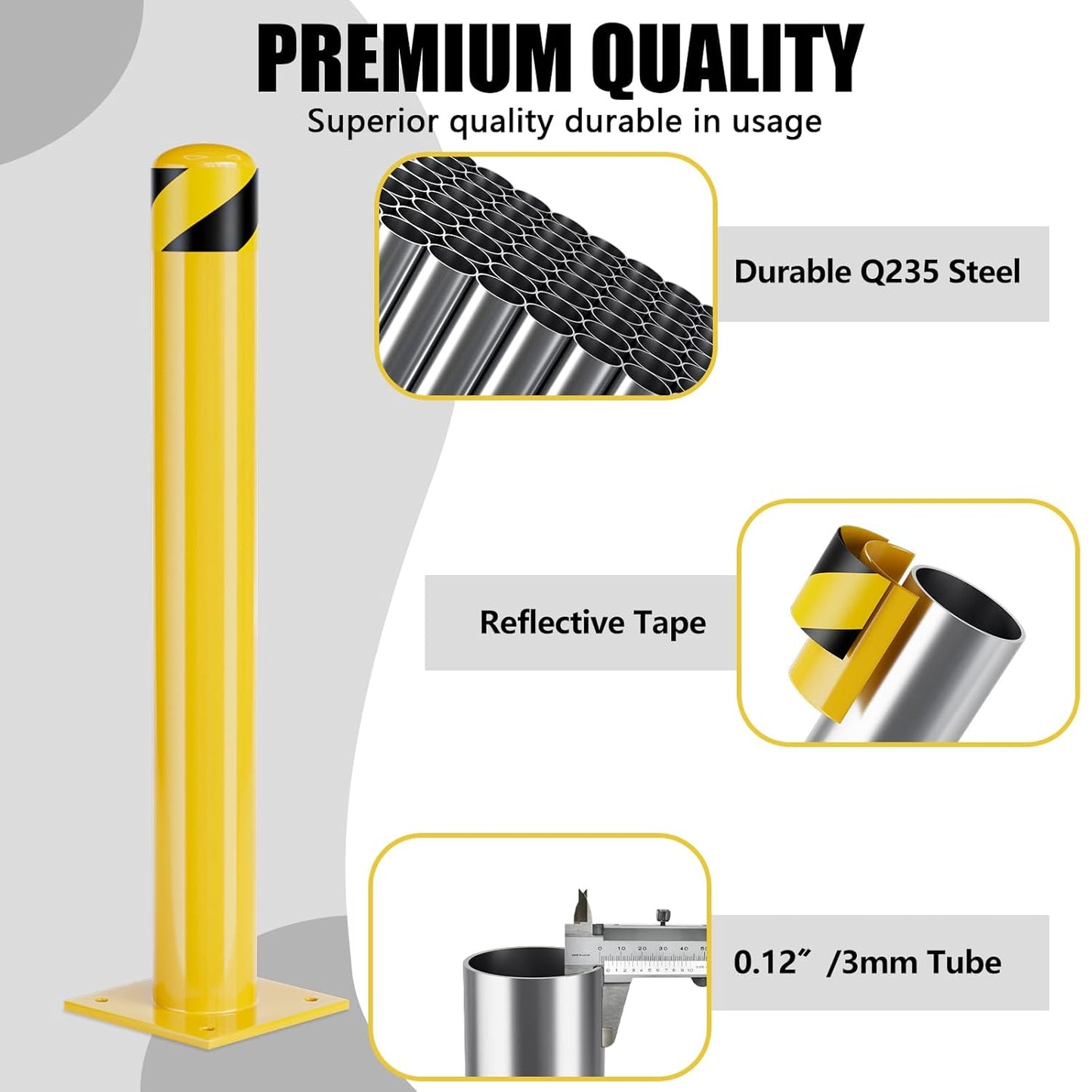 Safety Bollard Post, 36 Inch Height Steel Bollards, 4.5 Inch Diameter Parking Bollard, Yellow Powder Coated Safety Parking Barrier Post, for Traffic Sensitive Areas (2 Pack, 42 inch)