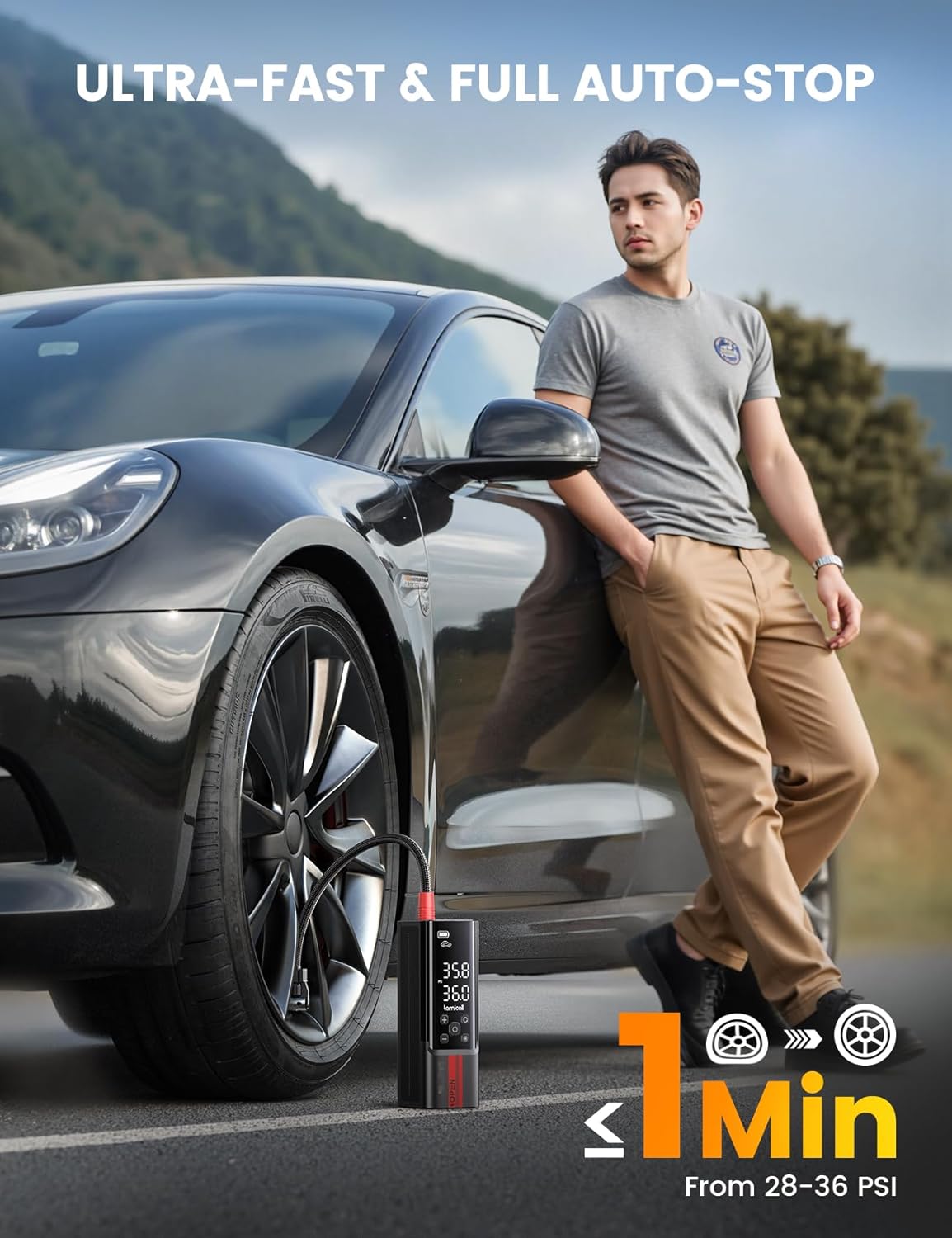 Lamicall Portable Car Tire Inflator - Air Compressor [150 PSI] [4X Faster] Cordless Car Air Pump with Rechargeable Battery, Digital Display Pressure Gauge, LED Light, for Cars, Motorcycles, Bike, Ball