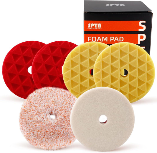 SPTA 5 Inch 125mm Body Repair Polishing Pad Set - 6 Pcs Buffing Pads with Sponge, Wool and Micro-Fiber for Car Detailing