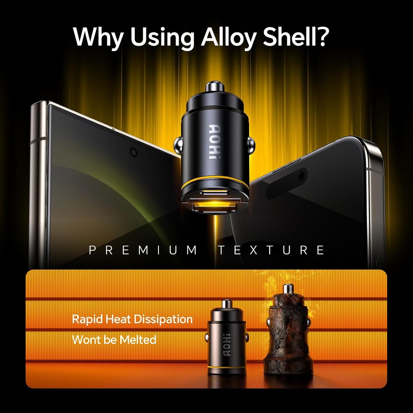 AOHI USB C Car Charger, PD 45W&QC 30W 2 Port Type-C Fast Charging Car Charger Lighter for MacBook Pro/Air, iPhone 16/15/14/13 Series, Galaxy S24 / S23, iPad Pro, AirPods and More