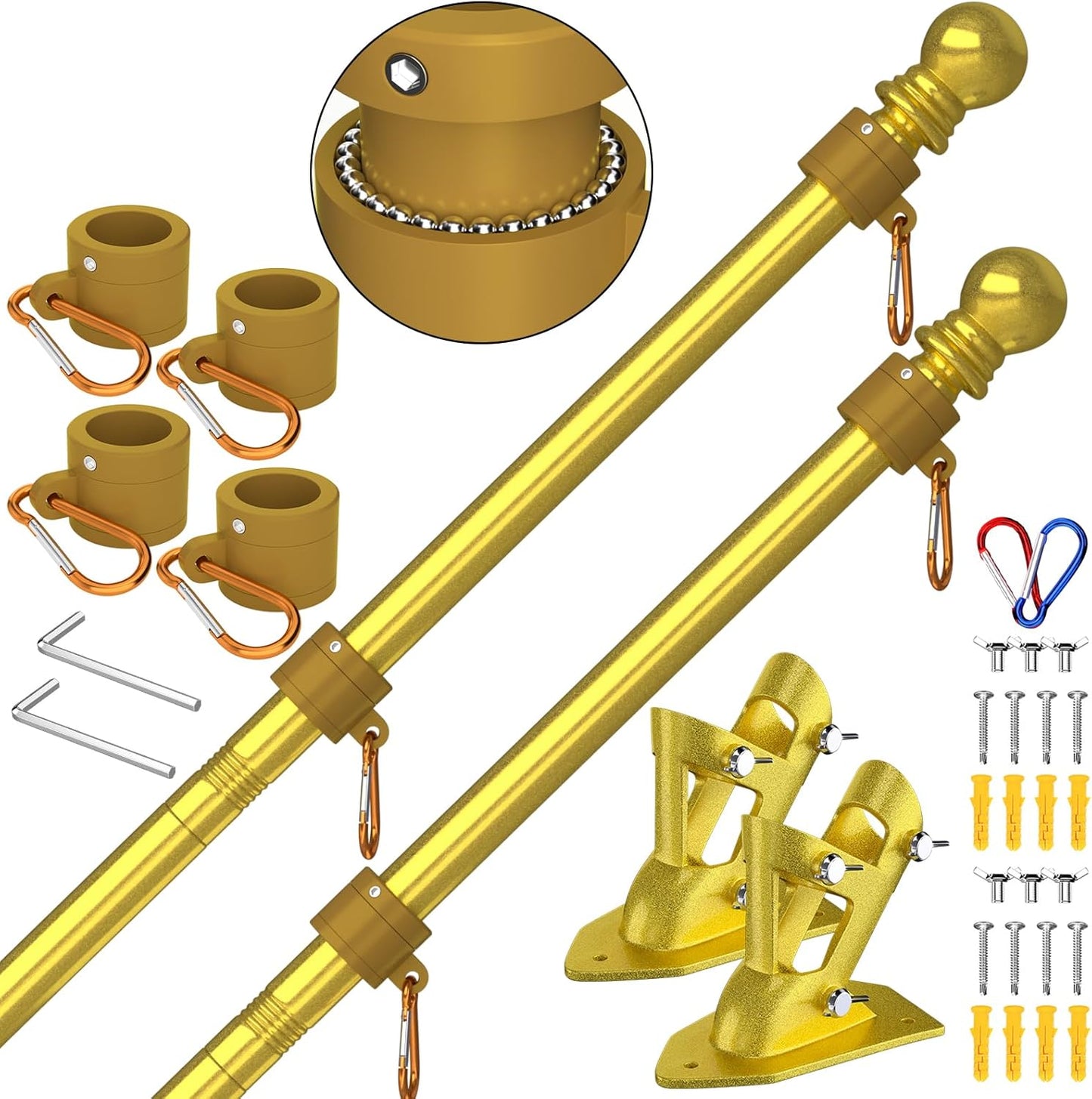 ZMTECH Flag Pole - Upgraded Bracket, (2 Packs) 6 FT Stainless Steel Flag Poles for Outside House, Residential or Commerical, Tangle Free Flag Pole Kit for American Flag (Without Flag, Gold)