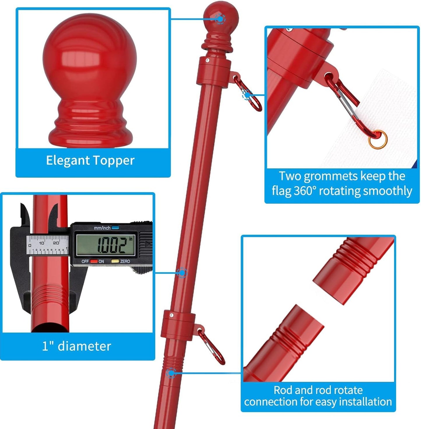 ZMTECH Flag Pole - Upgraded Bracket, 6 FT Stainless Steel Flag Poles for Outside House, Residential or Commerical, Tangle Free Flag Pole Kit for American Flag (Without Flag, Red)