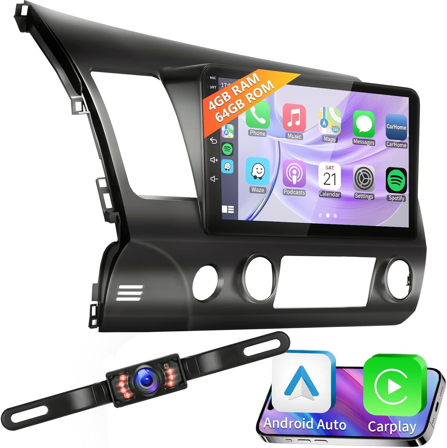 4G+64G Android 13 Car Radio for Honda Civic 2006-2011 with Wireless Carplay Android Auto GPS Navigation 10.1 Inch IPS Touch Screen Head Unit, Support Steering Wheel Control, Mirrorlink, Backup Camera