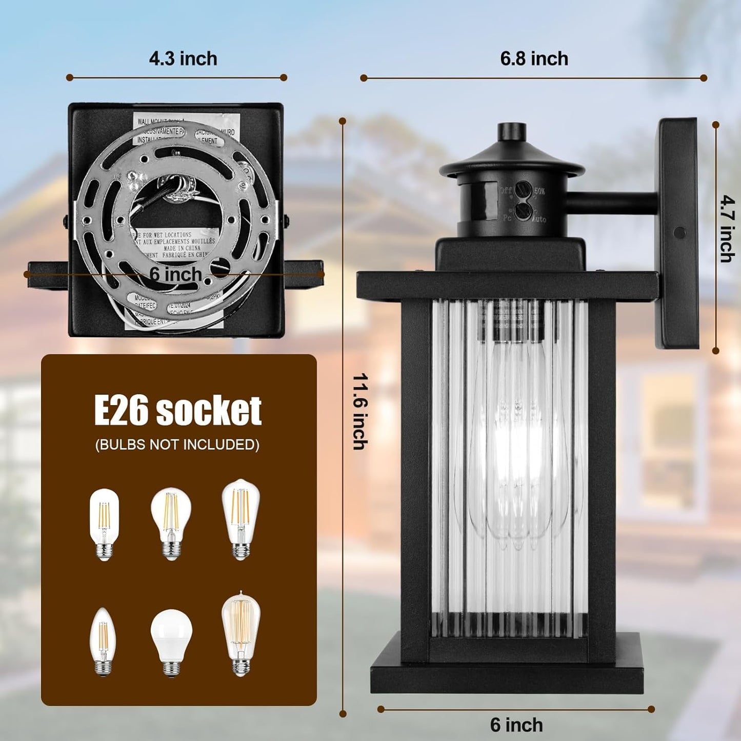 Porch Lights Outdoor Motion Sensor 2 Packs, Black Dawn to Dusk Outdoor Wall Light Fixture, Exterior Motion Sensor Light with Glass Shade, Rust Proof Motion Sensing Front Porch Light