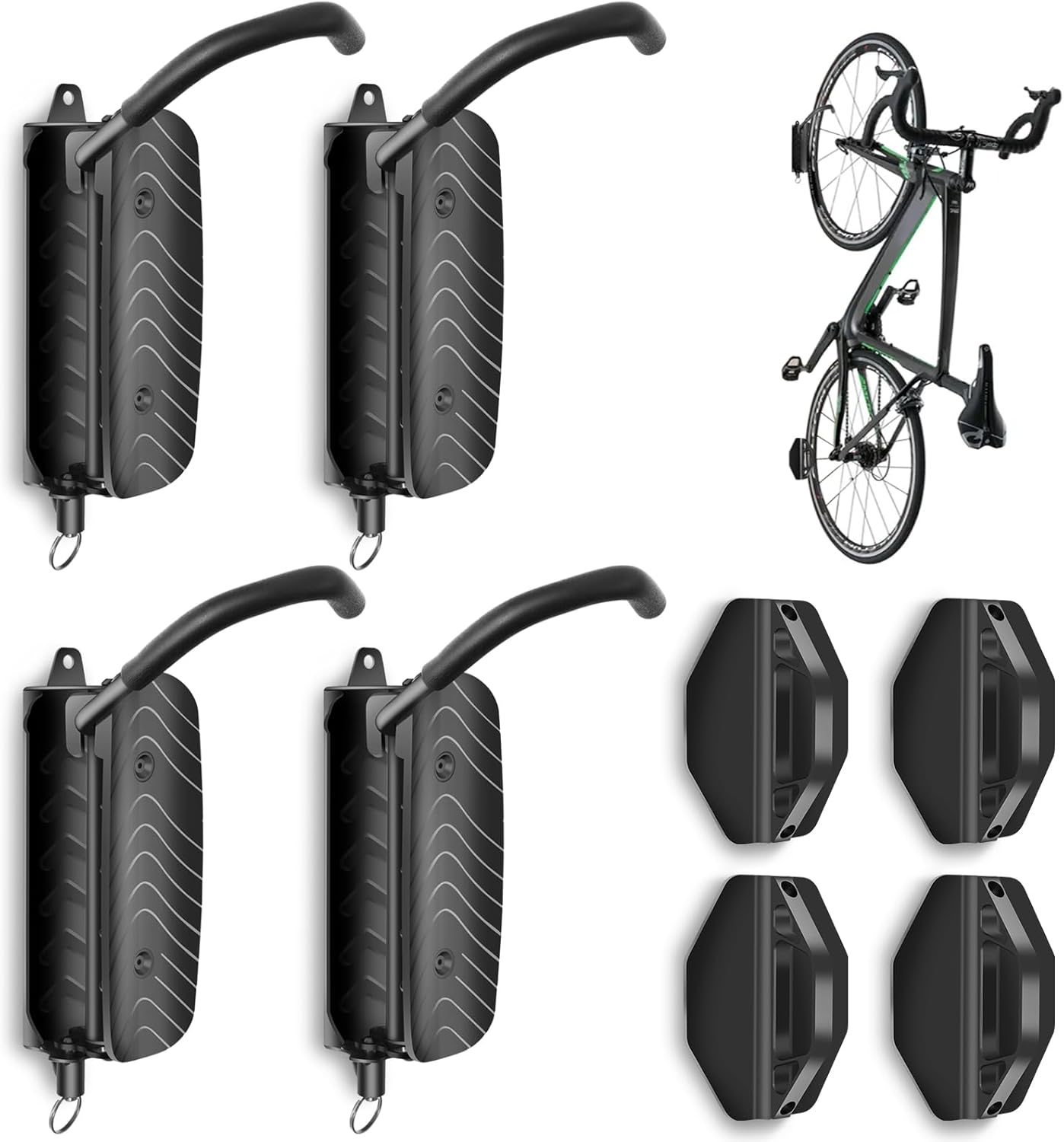 MILADO Wall Bike Rack, Swivel Bike Wall Mount for Garage, 150° Space Saving Vertical Bike Hangers for Storage, Hanging Bike Rack Holds Up to 66lbs, Easy to Install, 4 Pack, Black