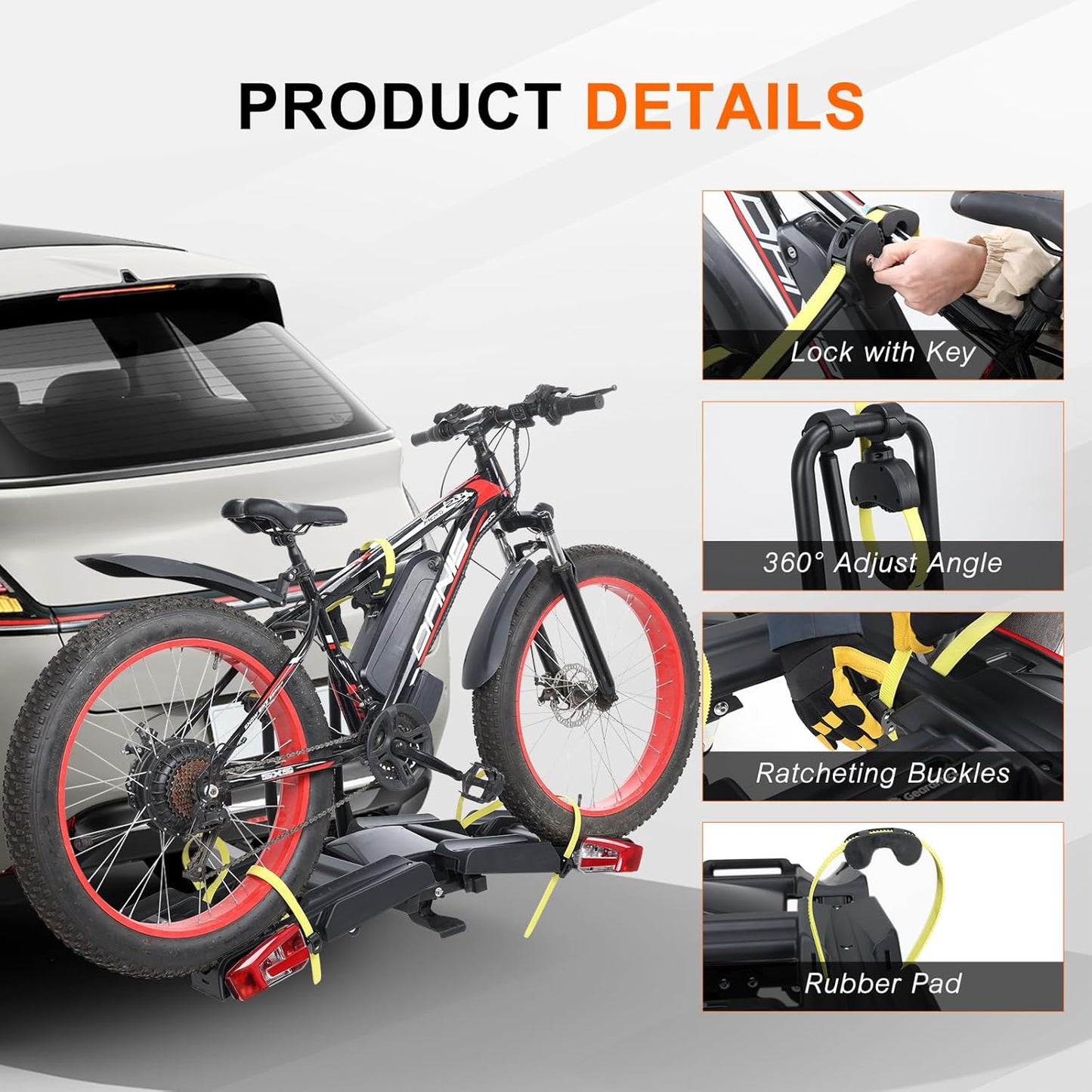 2 E-Bike Foldable Hitch Mount Bike Rack with Light for 2" Receiver SUV & Trucks, Up to 4'' Fat Tire, Lockable Hitch Racks for E-Bike with Ramp and Wheels, 180 LBS Capacity