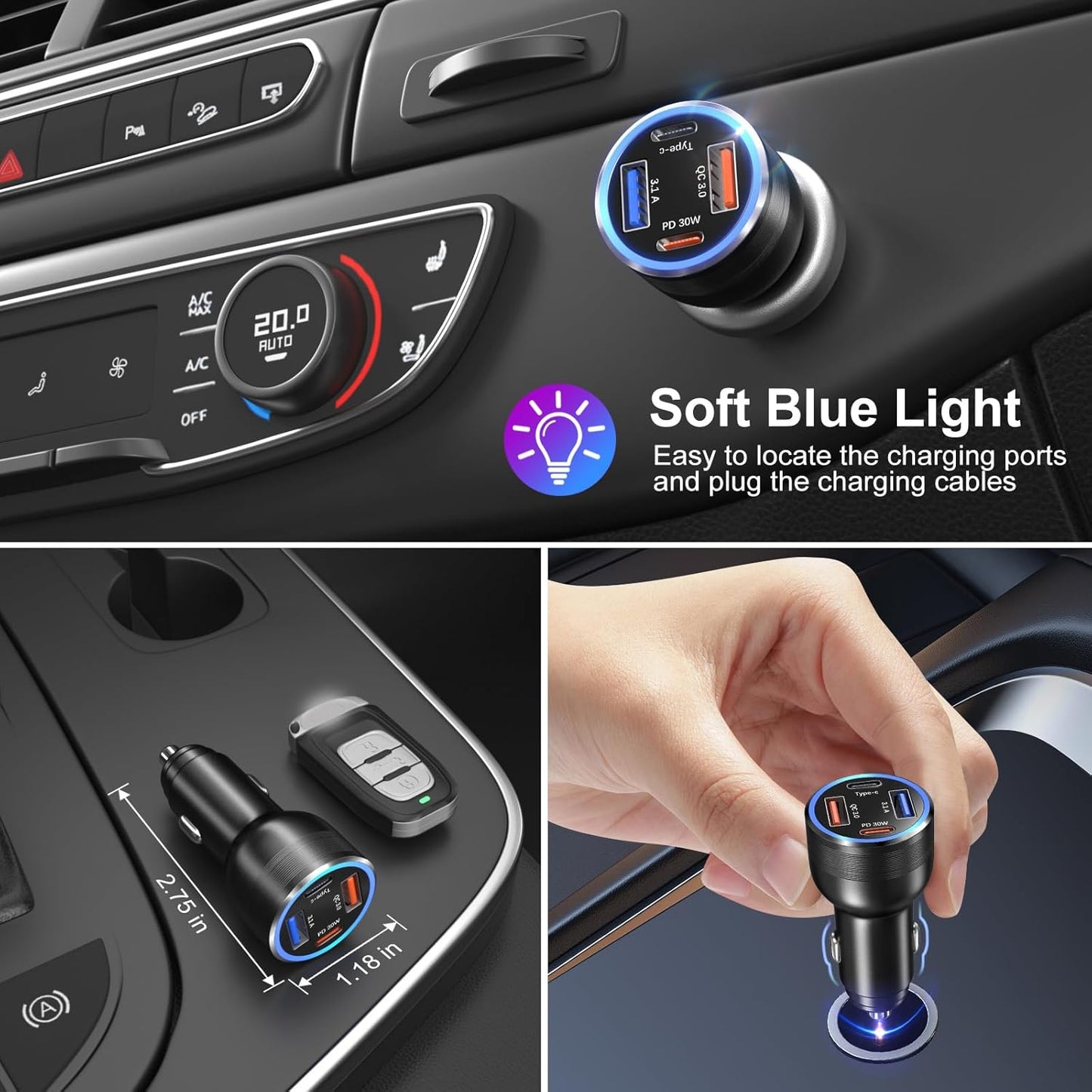 65W USB C Car Charger, Bangfun 4 Port Cigarette Lighter Adapter QC/PD 30W Fast Charging Dual 12V USB Car Phone Charger Power Adapter Plug for iPhone 16 15 14 13 12 iPad Pro,Samung S24(Black)