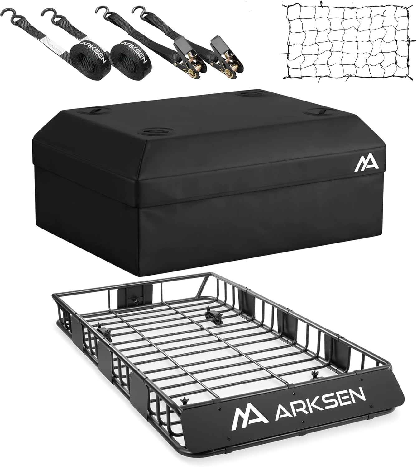 ARKSEN 64 x 34 x 6 Inch Universal Roof Rack with Extension, 600D Waterproof Bag, 2 Ratchet Straps&Net, 150 LBS Capacity Heavy Duty Rooftop Cargo Basket for SUV, Truck, RV, Pickup