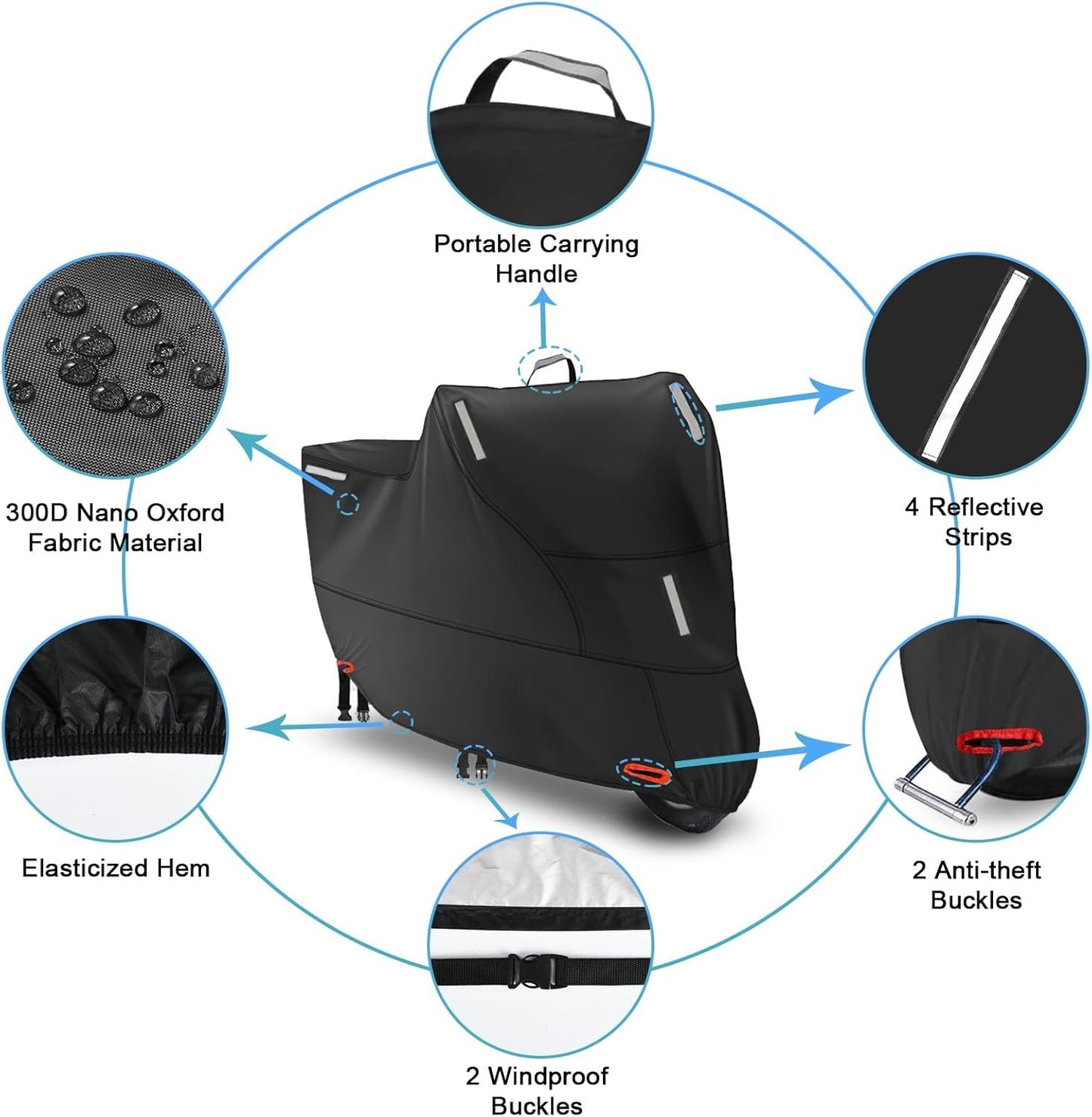 Motorbike Cover for Outside Storage, 300D Oxford Waterproof Motorcycle Scooter Moped Cover Outdoor with 5 Reflective Strips and 2 Windproof Buckles, 2 Lock-Holes and 1 Storage Bag (2XL: 94x35x49 inch)
