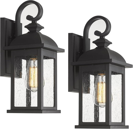 FEMILA Exterior Wall Sconce,2 Packs Outdoor Waterproof Wall Lights Fixture,E26 Socket Wall Lantern for Porch,Anti-Rust Matte Black Finish with Seeded Glass Lampshade,4FD54B-2PK BK