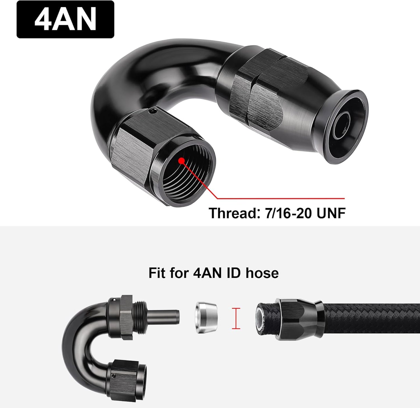 EVIL ENERGY 4AN 180 Degree PTFE One Piece Full Flow End Hose Fitting Aluminum Black