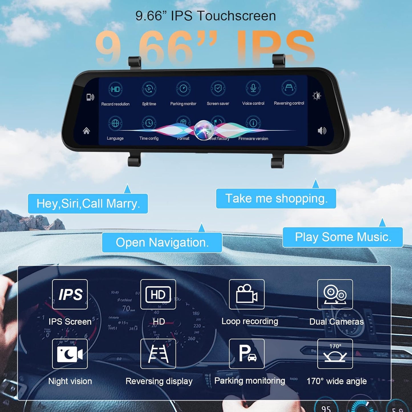 Car in-Mirror Mounted Dash Cam with Front & Rear View Camera Wireless Carplay Android Auto Car Driving Recorder with 9.66 Inch IPS Touchscreen Support DVR Voice Control Bluetooth Call FM Transmitter