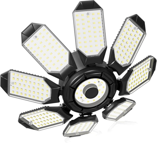 Adiding LED Garage Ceiling Lights 14000Lm w/ 8 Adjustable Panels, Super Bright Deformable Basement Light Bulb Fixture Screw in E26 Bulbs Socket for Indoor Shop, Workshop, Attic, Barn, Bay, Home Gym