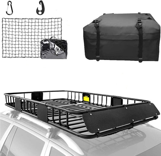 XCAR 64"x 39"x 4" Universal Roof Rack Basket Black with 3' x 4' Cargo Net and Rooftop Cargo Carrier Bag 15 Cubic ft - Car Top Luggage Storage Holder Baskets for SUV Truck Vehicle